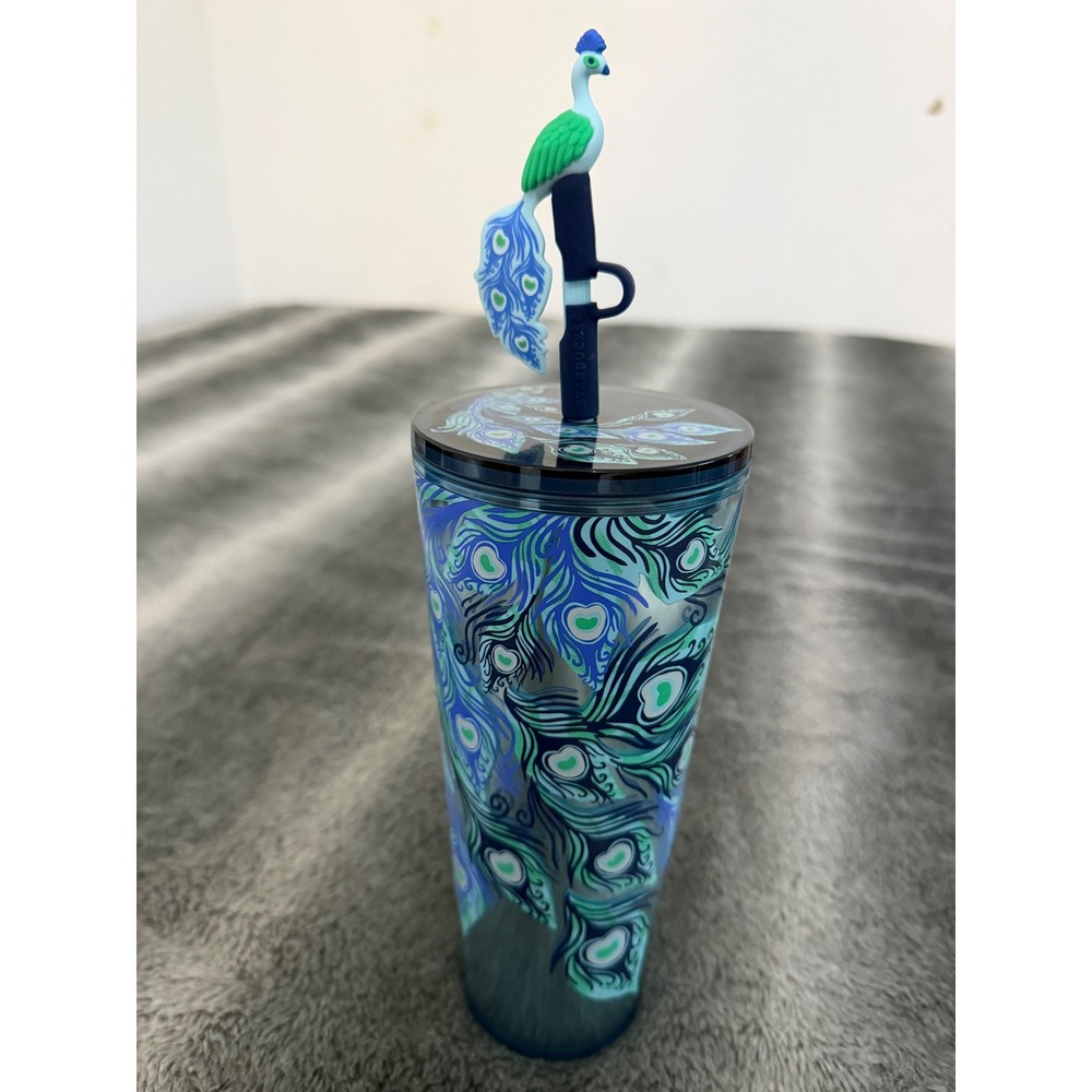Starbucks 24oz Peacock Feather Mirror Cold Cup Tumbler with Straw Topper Blue